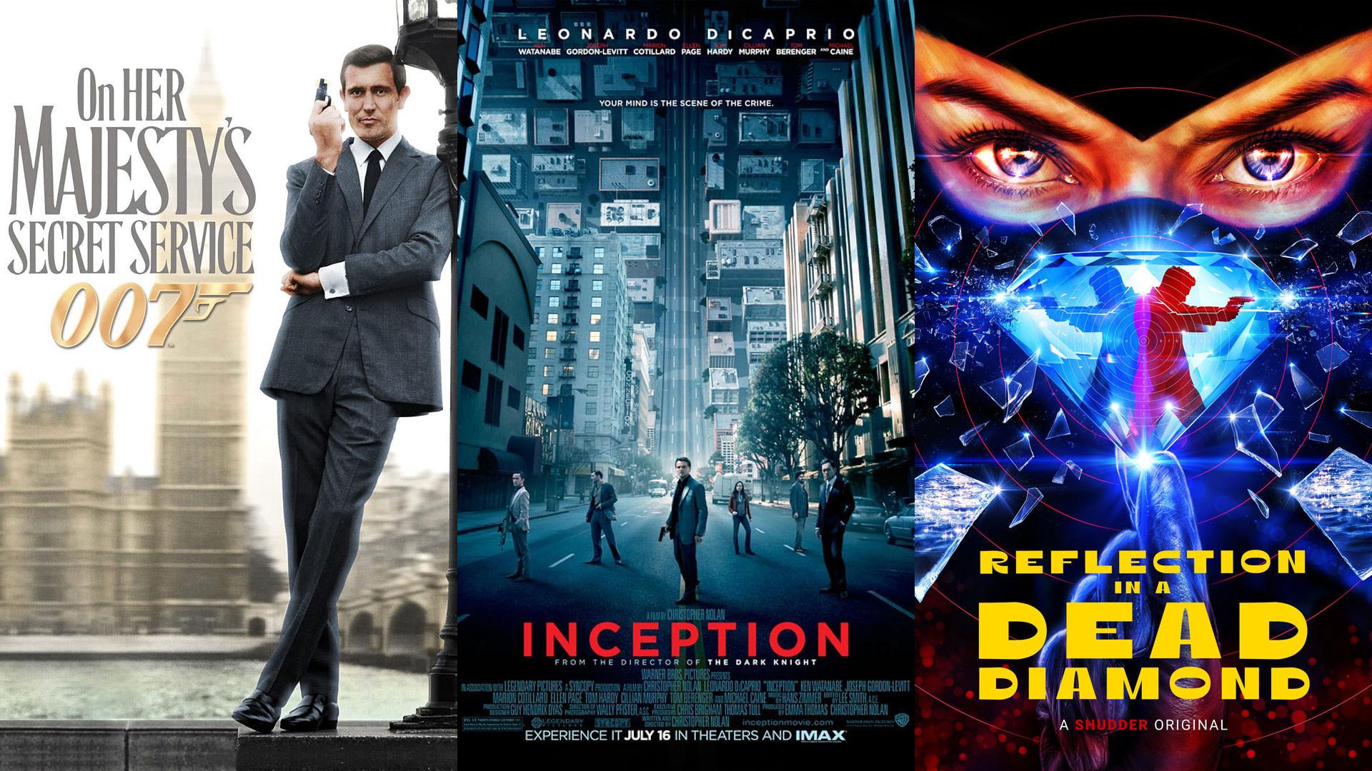 پوسترهای فیلم‌های بازتاب در الماس مرده به کارگردانی هلن کاته و برونو فورزانی، تلقین به کارگردانی کریستوفر نولان و در خدمت سرویس مخفی ملکه به کارگردانی پیتر هانت