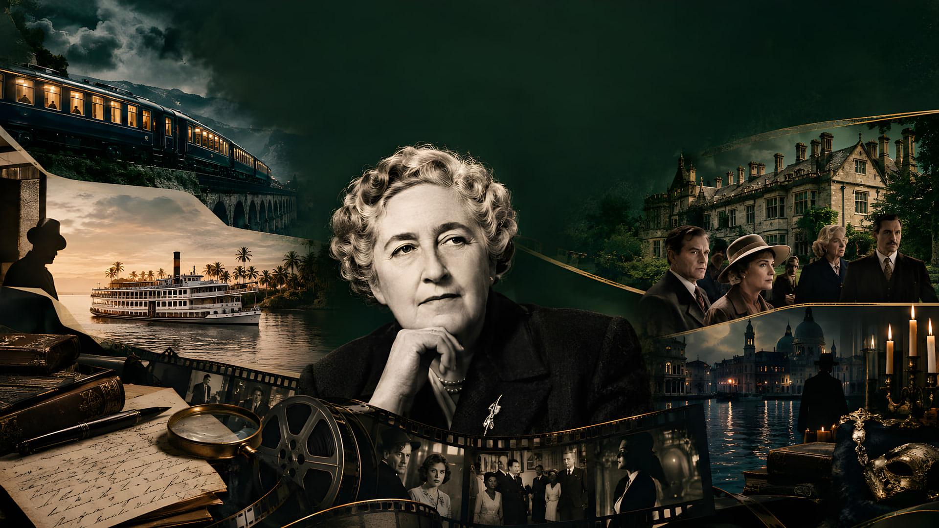 چهره آگاتا کریستی (Agatha Christie) در میان تصاویری از قطار، کشتی و صحنه‌های جنایی