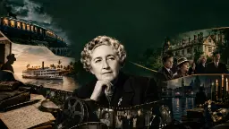 چهره آگاتا کریستی (Agatha Christie) در میان تصاویری از قطار، کشتی و صحنه‌های جنایی