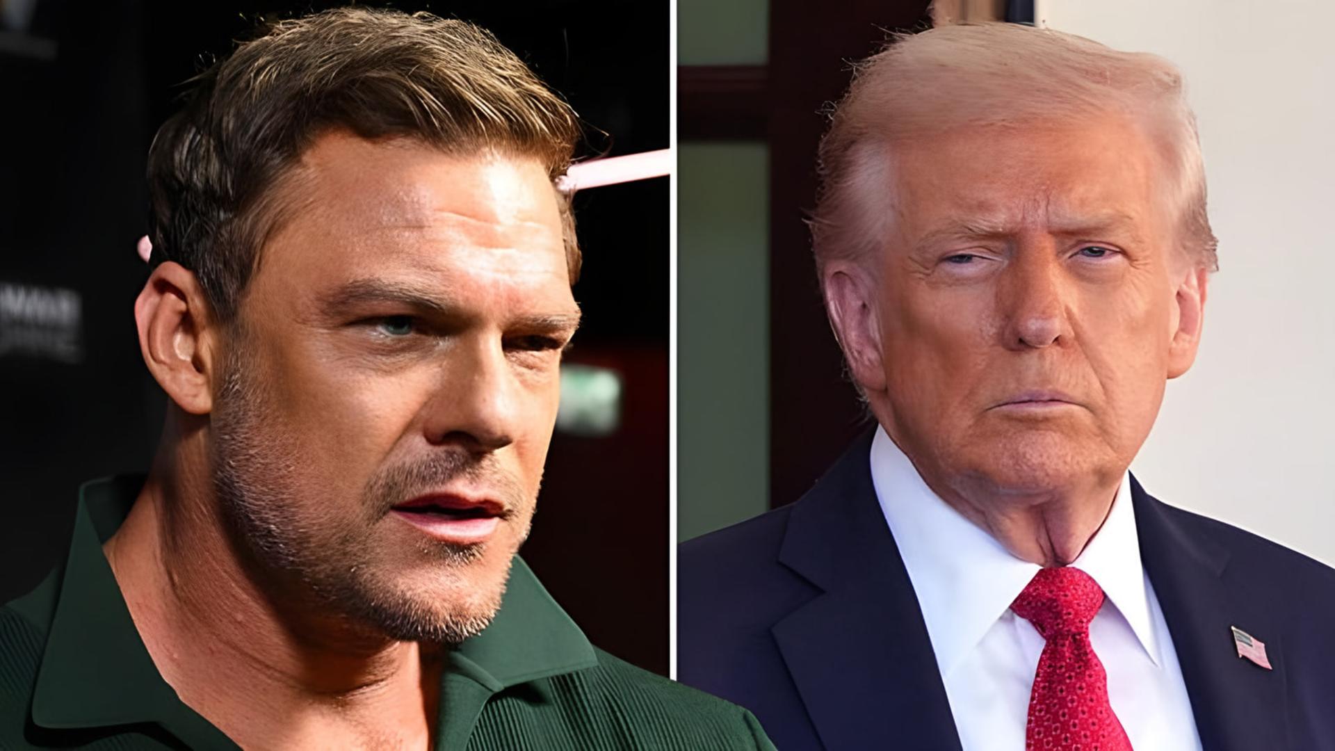 چهره آلن ریچسون ستاره ریچر (Alan Ritchson) در کنار تصویر دونالد ترامپ (Donald Trump)