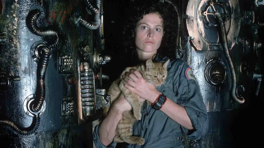 سیگورنی ویور همراه با یک گربه در سفینه در فیلم Alien