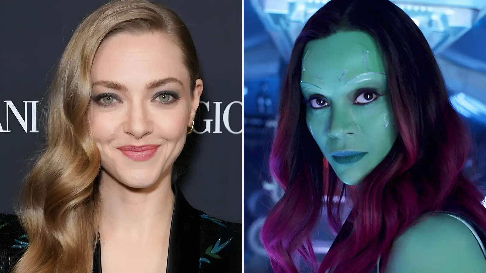 چهره آماندا سایفرد (Amanda Seyfried) در کنار شخصیت گامورا در فیلم نگهبانان کهکشان