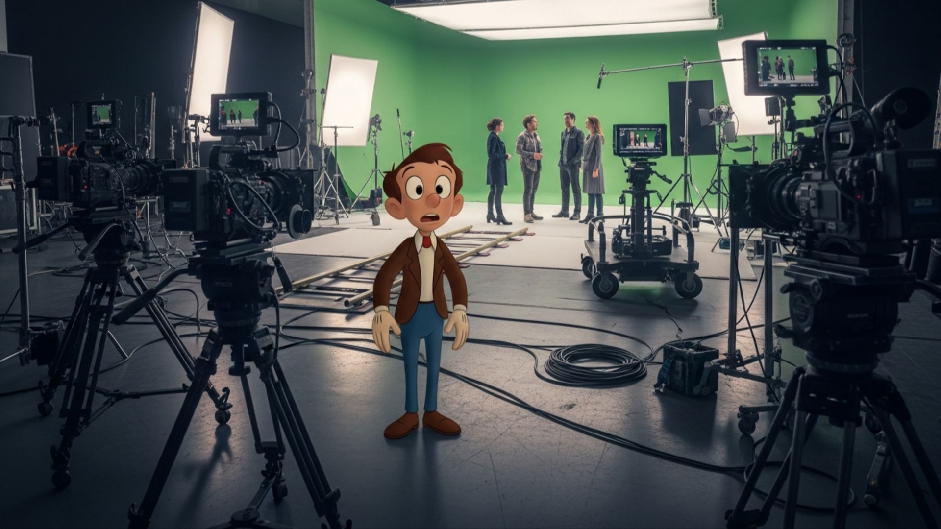 شخصیت کارتونی در صحنه فیلم‌برداری یک فیلم لایواکشن