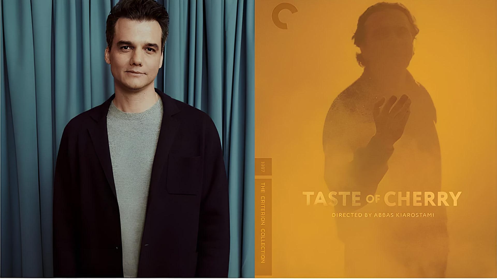 فیلمساز آرژانتینی در کنار پوستر فیلم طعم گیلاس (Taste of Cherry) اثر عباس کیارستمی