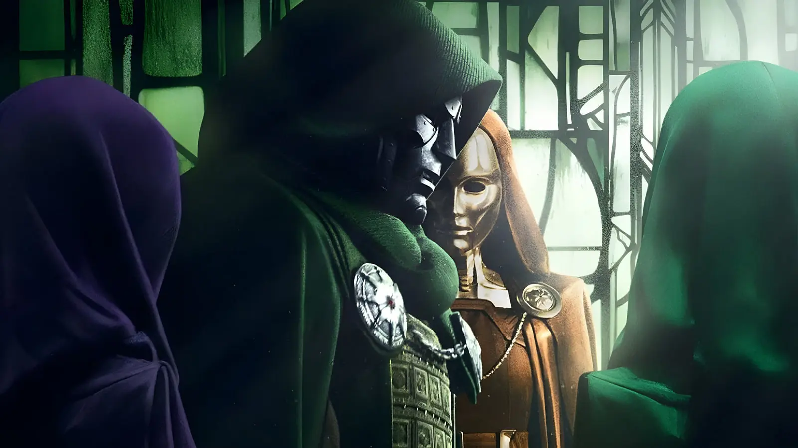 دکتر دووم (Doctor Doom) با ماسک فلزی و شنل سبز در میان شخصیت‌های دیگر