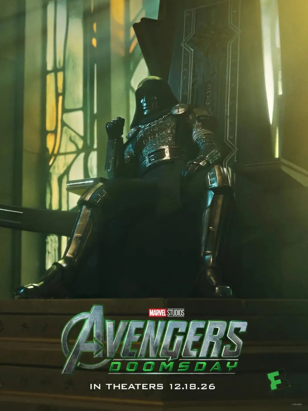 دکتر دووم (Dr. Doom) روی یک تخت سلطنتی بزرگ نشسته است. Doomsday 