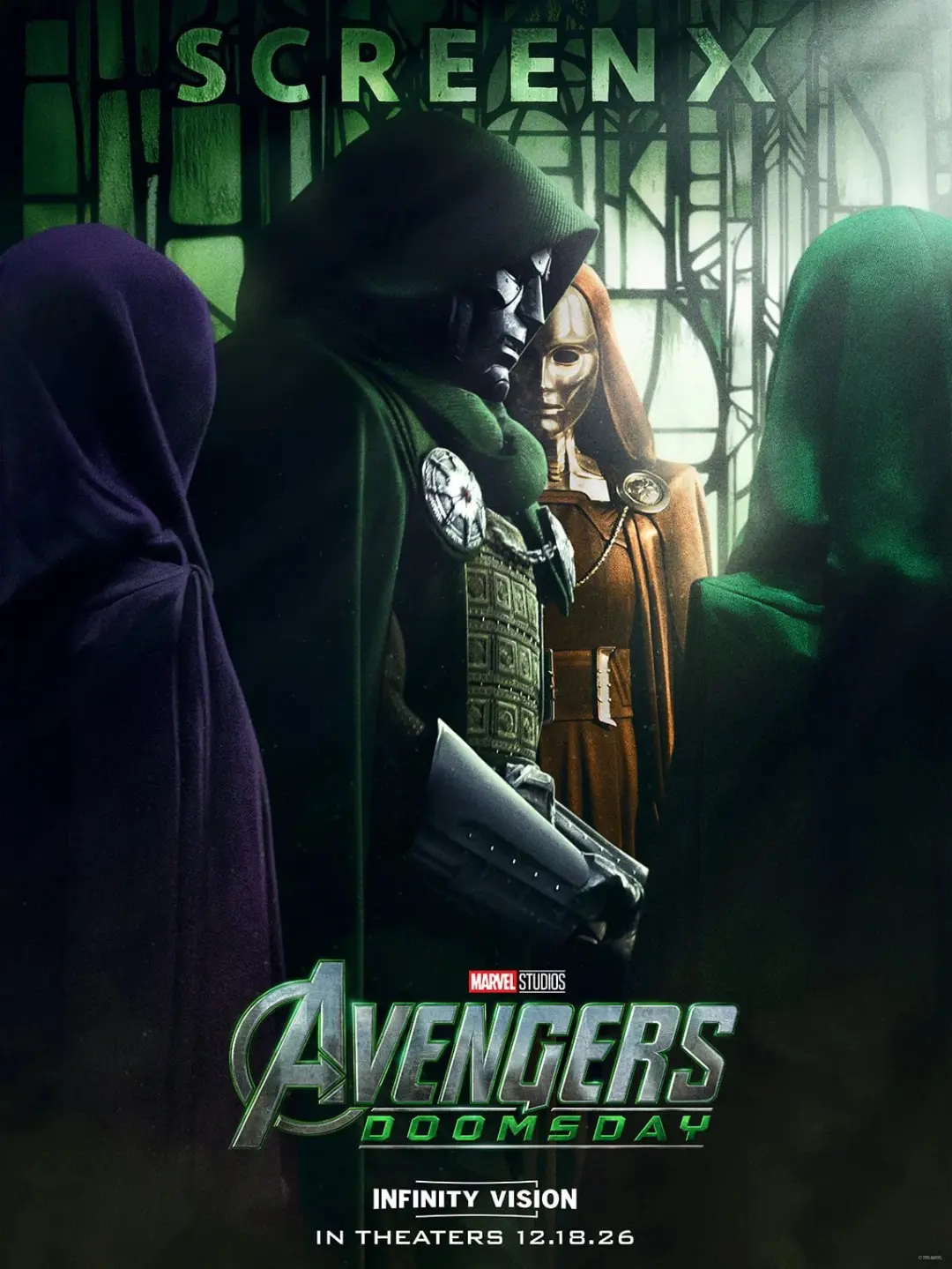 دکتر دووم (Doctor Doom) و شخصیت‌های فیلم Avengers: Doomsday در مقابل پنجره‌ای سبز