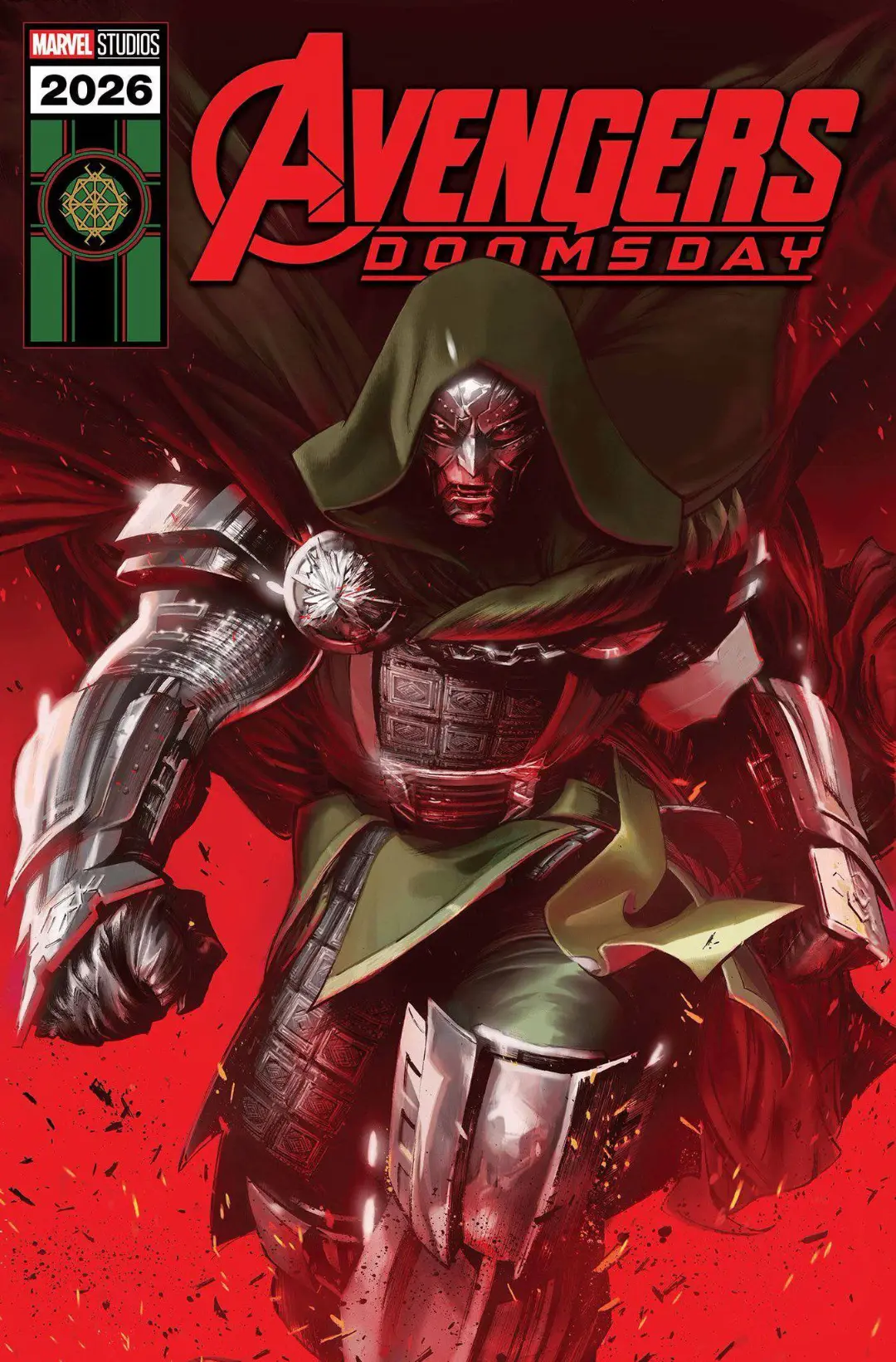 دکتر دووم (Doctor Doom) با زره فلزی و شنل سبز در پس‌زمینه قرمز