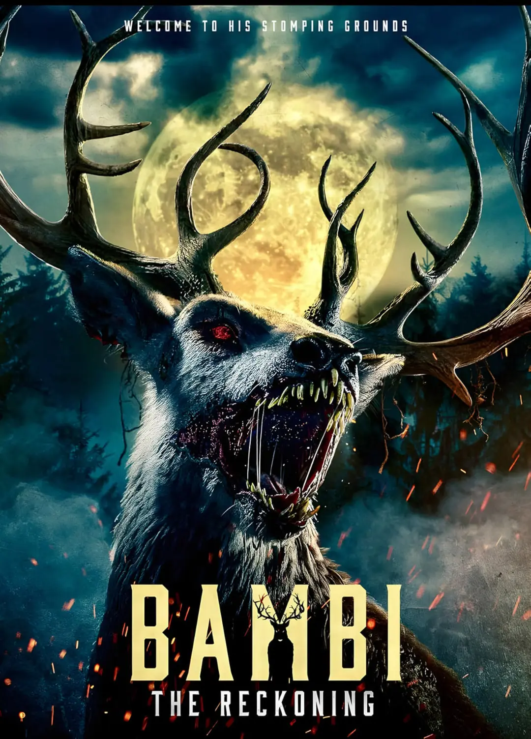 گوزن وحشی و ترسناک با شاخ‌های بزرگ در مقابل ماه کامل در فیلم Bambi: The Reckoning
