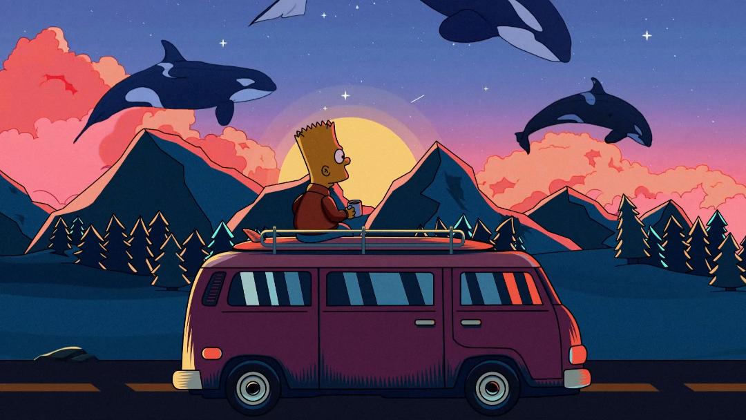 باری سیمپسون (Bart Simpson) روی سقف ون در حال تماشای کوه‌ها و وال‌ها