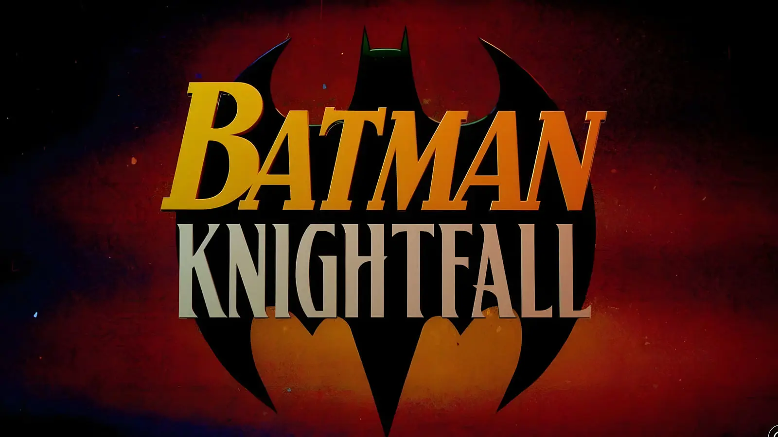 لوگوی Batman Knightfall روی نماد بتمن با پس‌زمینه قرمز و مشکی