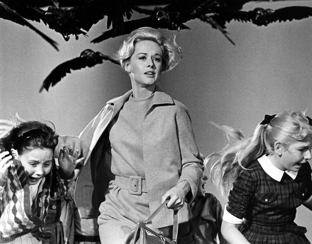 زن و دو دختر در حال فرار از حمله پرندگان در فیلم پرندگان (The Birds)