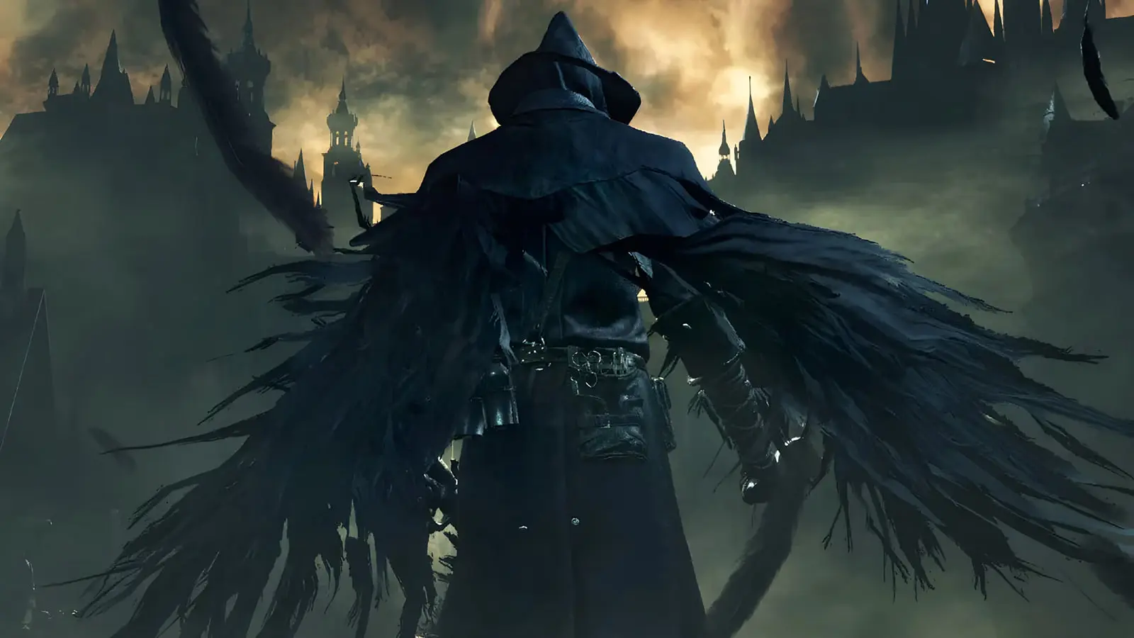 شخصیت اصلی بازی بلادبورن (Bloodborne) با شنل سیاه در محیط تاریک