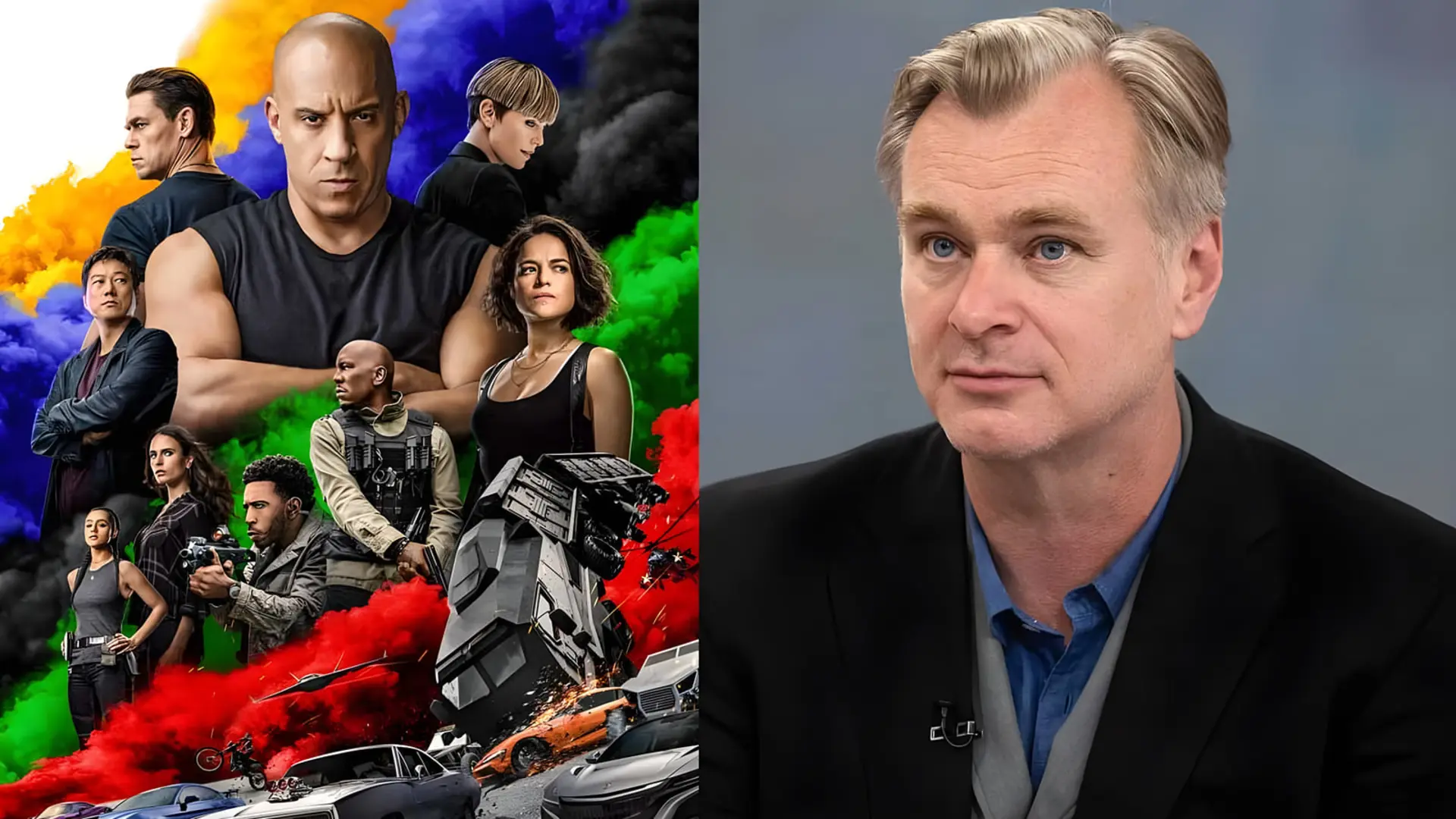 کریستوفر نولان (Christopher Nolan) در کنار پوستر فیلم سریع و خشن