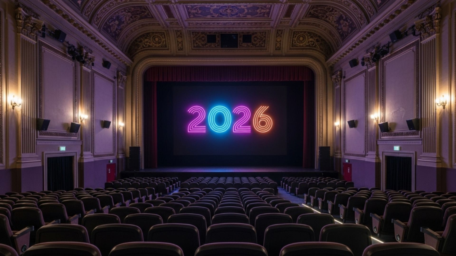 سالن سینما با تاریخ نئونی ۲۰۲۶