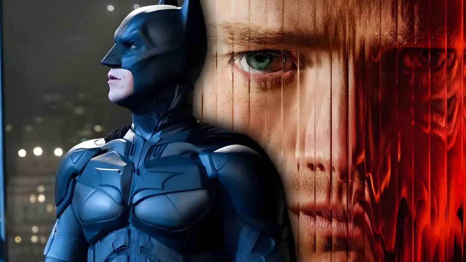 بتمن (Batman) در کنار چهره‌ای از شخصیت کلیف‌فیس (Clayface) در یک ترکیب تصویری