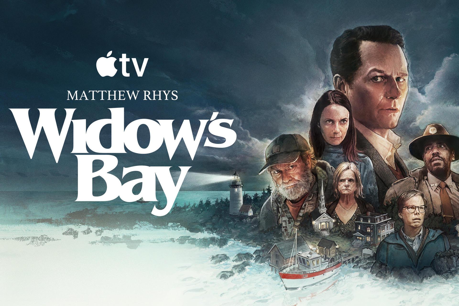 پوستر سریال Widow's Bay با نمایش چهره بازیگران و منظره‌ای از یک دهکده ساحلی و فانوس دریایی زیر آسمان تیره
