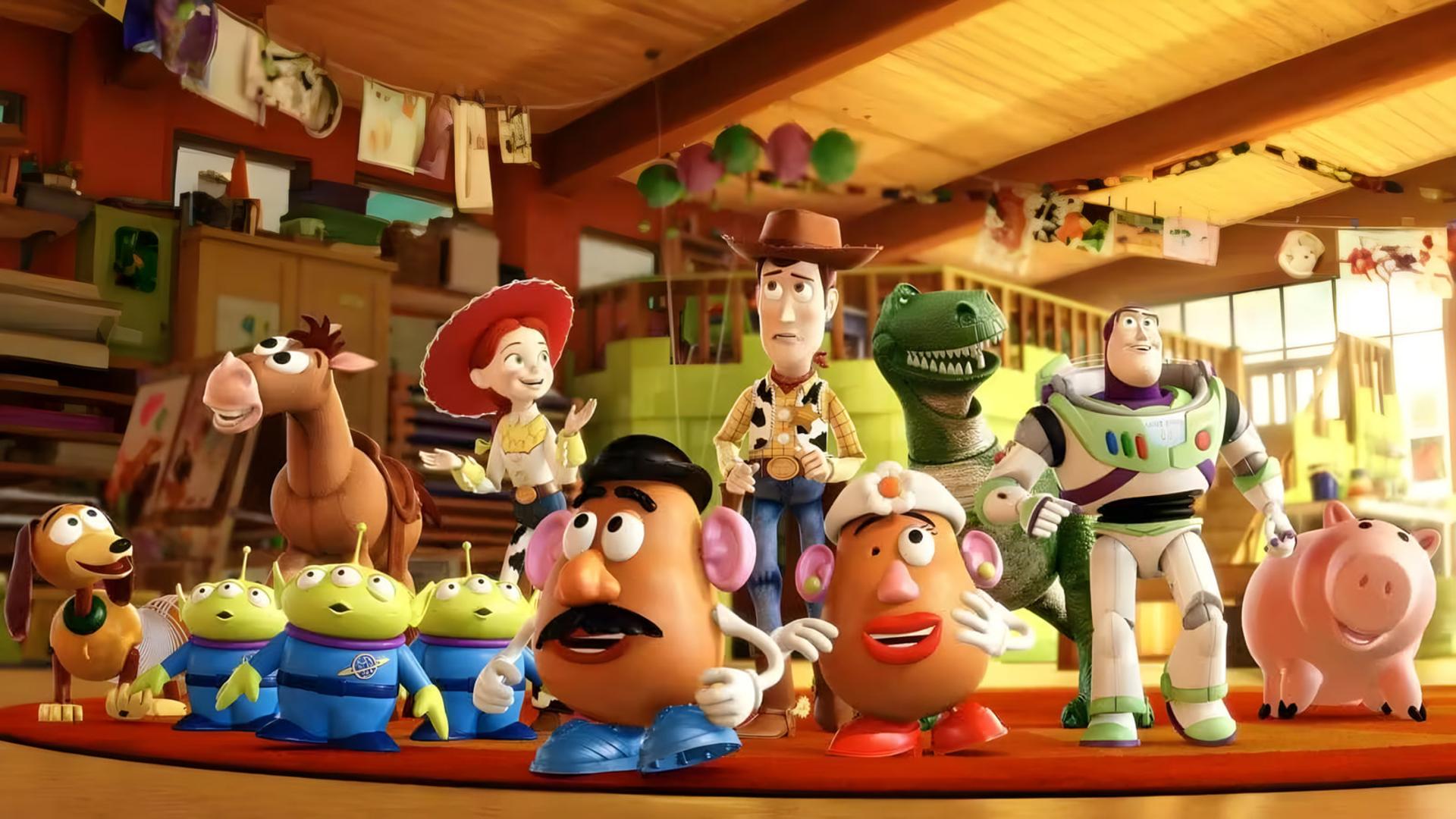گروهی از اسباب‌بازی‌های انیمیشن داستان اسباب‌بازی ۳ (Toy Story 3) در یک اتاق