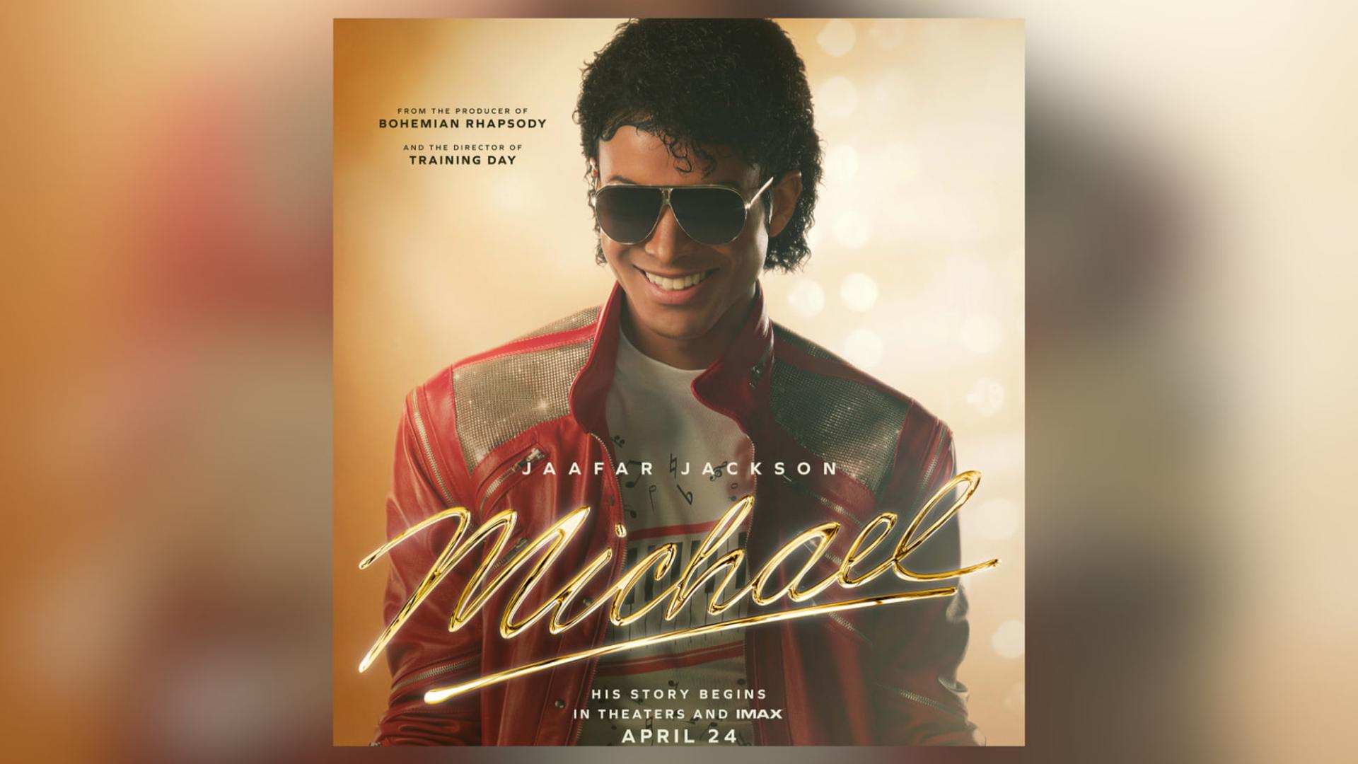 پوستر فیلم مایکل (Michael) با تصویر جعفر جکسون (Jaafar Jackson) در لباس قرمز