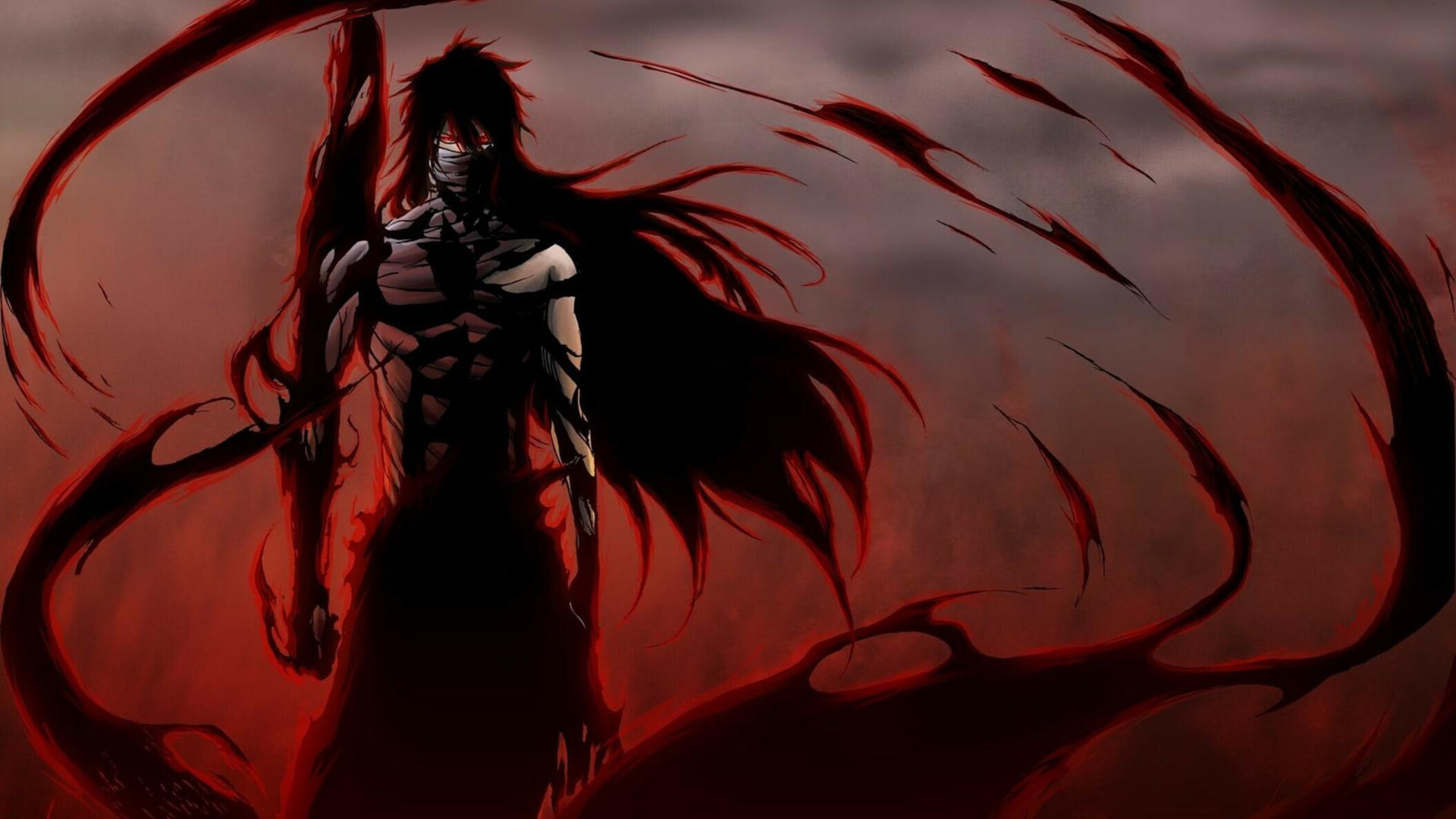 شخصیت انیمه بلیچ (Bleach) با هاله‌ای از انرژی قرمز و سیاه