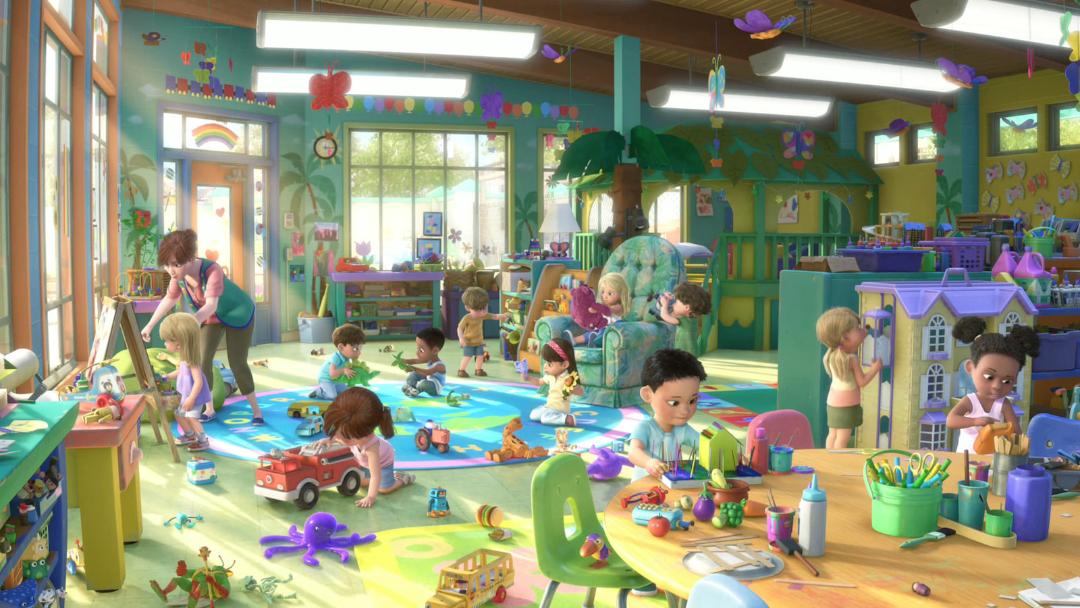 کودکان در مهدکودک شلوغ انیمیشن Toy Story 3 در حال بازی هستند