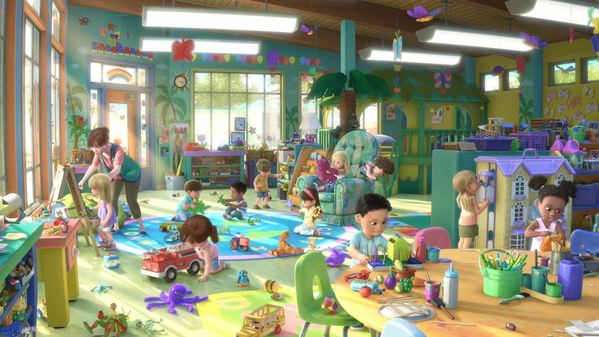 کودکان در مهدکودک شلوغ انیمیشن Toy Story 3 در حال بازی هستند
