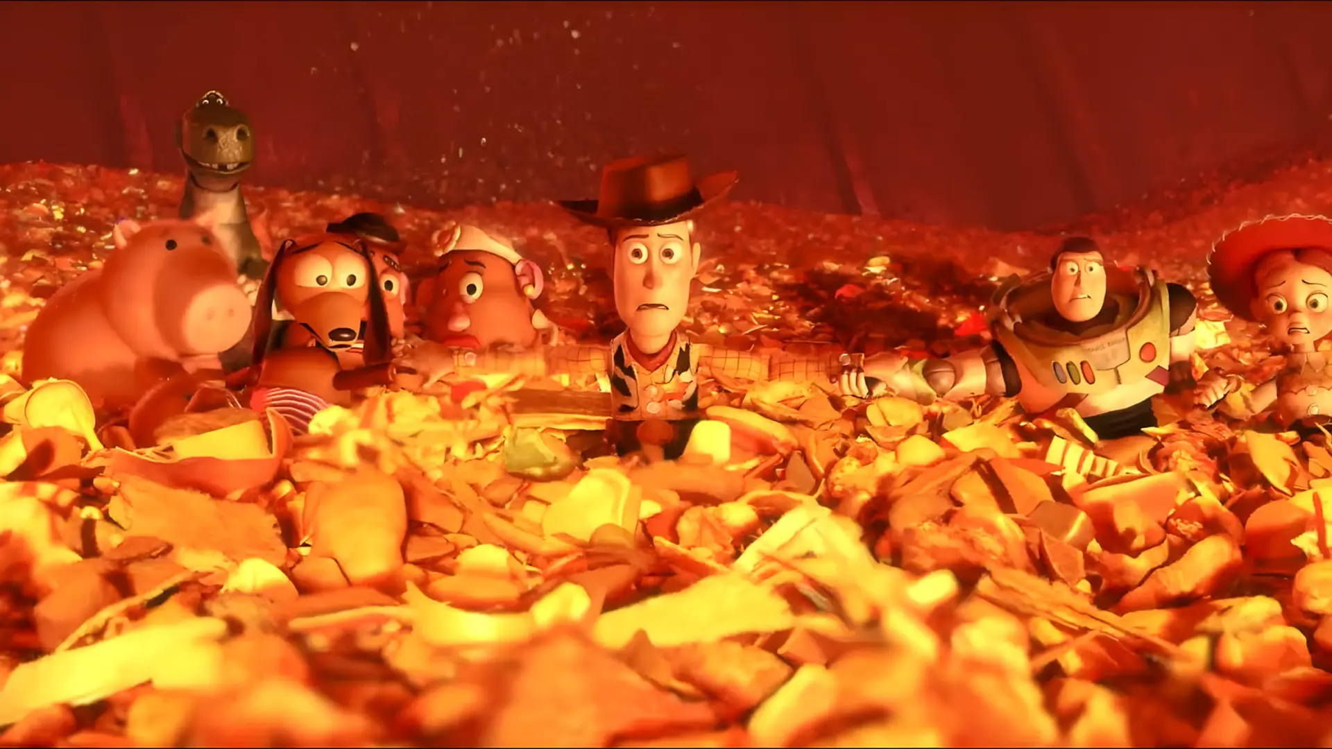 شخصیت‌های وودی (Woody) و باظ (Buzz) در میان توده‌ای از زباله‌ها