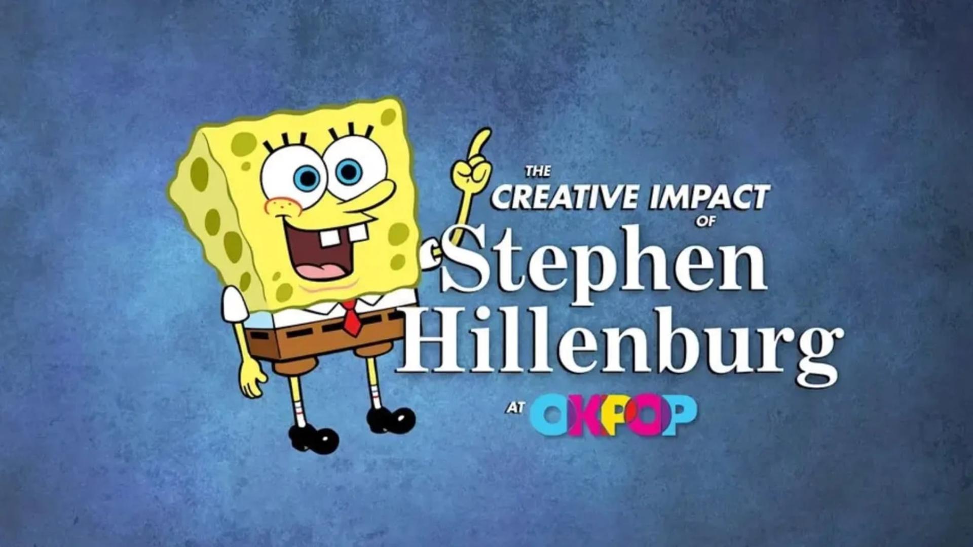 شخصیت کارتونی باب اسفنجی (SpongeBob SquarePants) در کنار متن نام استفن هیلنبرگ (Stephen Hillenburg)