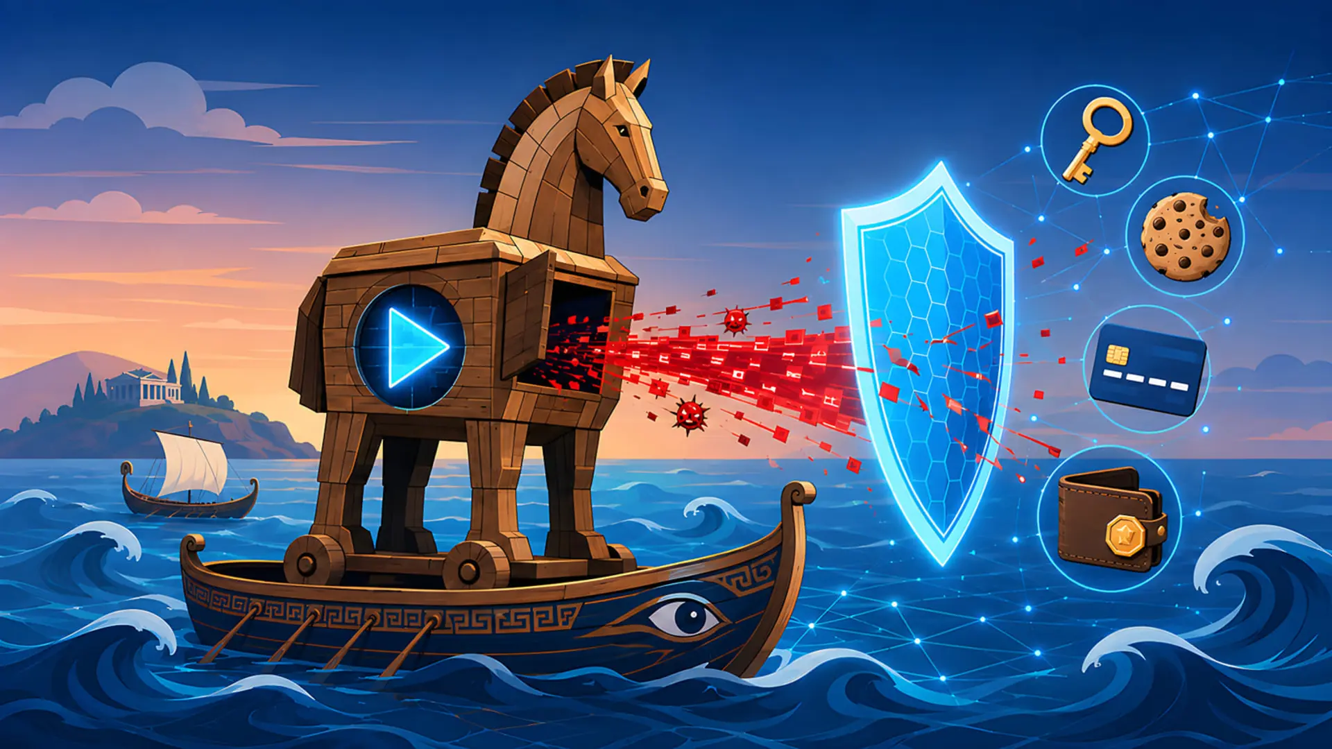 اسب تروجان (Trojan Horse) در حال ارسال داده‌های مخرب به سمت یک سپر دیجیتال