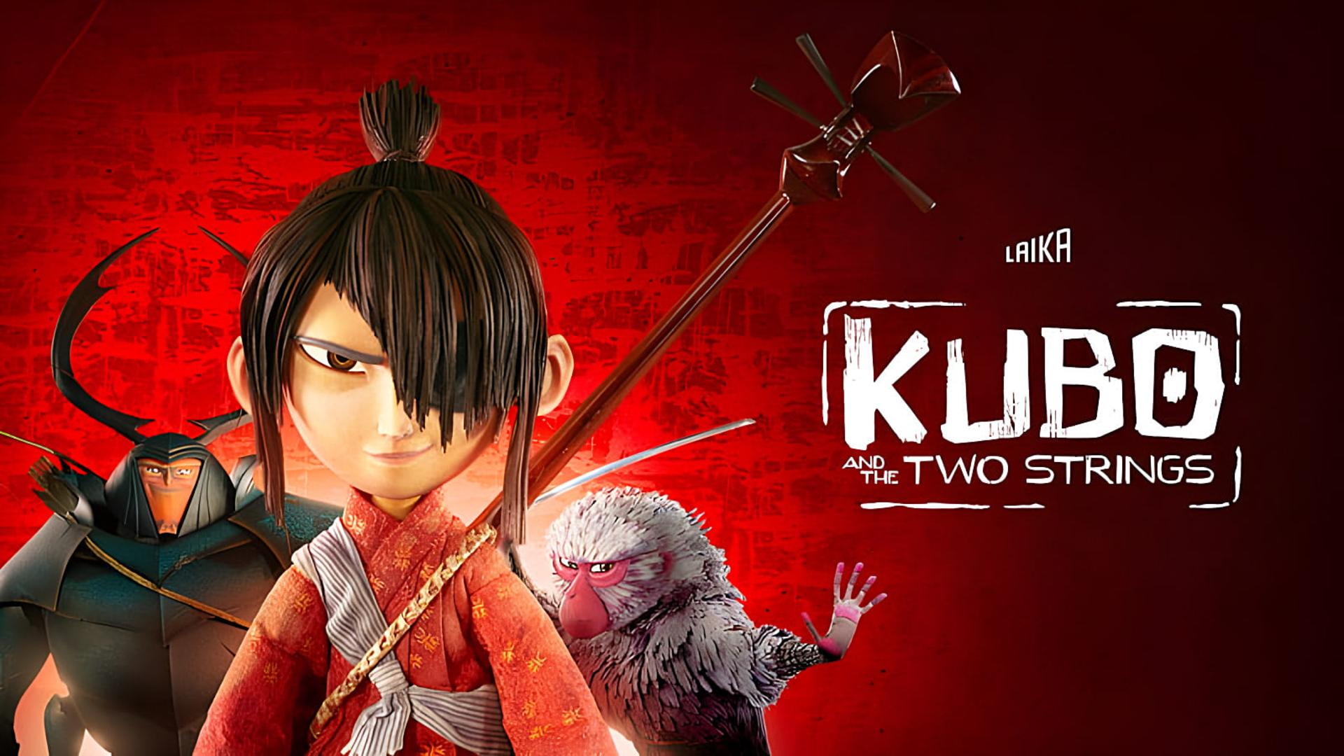 شخصیت‌های انیمیشن کوبو و دو رشته (Kubo and the Two Strings) با پس‌زمینه قرمز