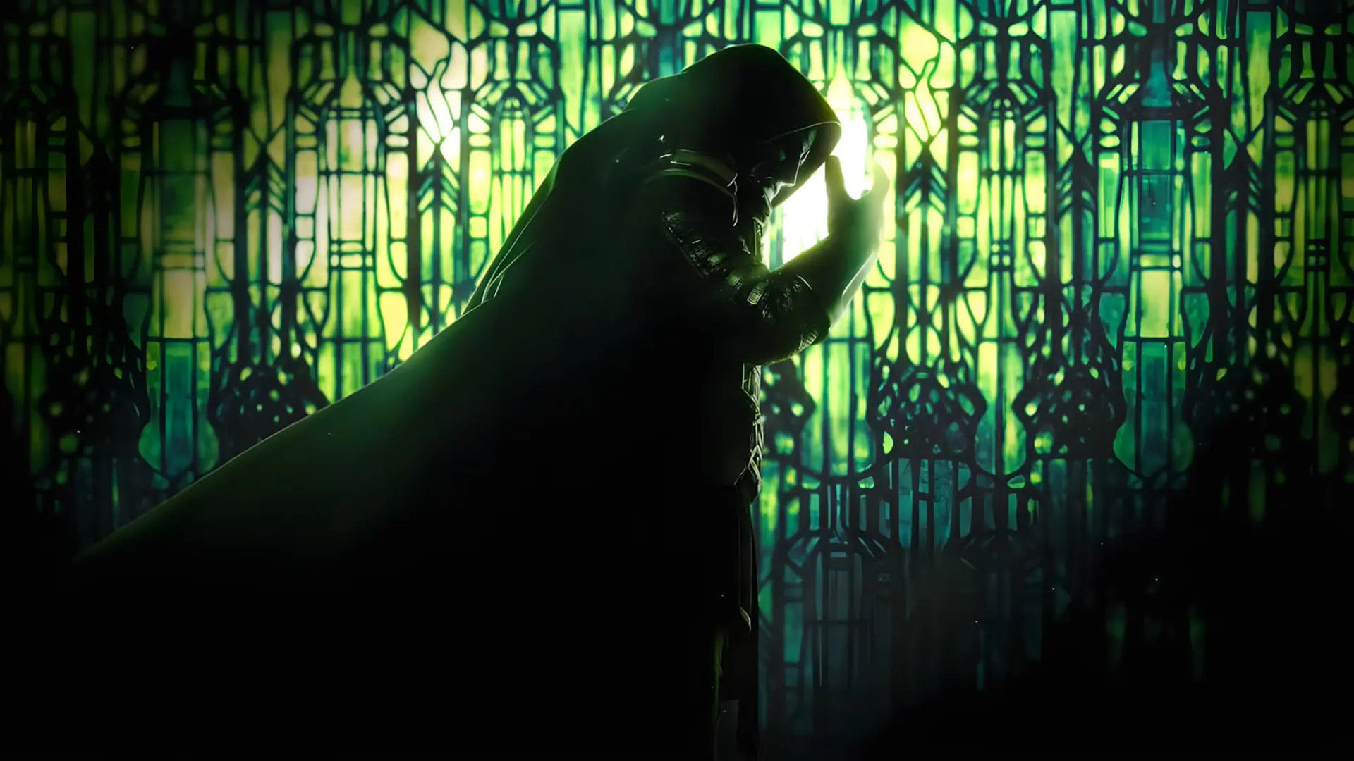 دکتر دووم (Doctor Doom) در مقابل پنجره‌ای با شیشه‌های رنگی سبز