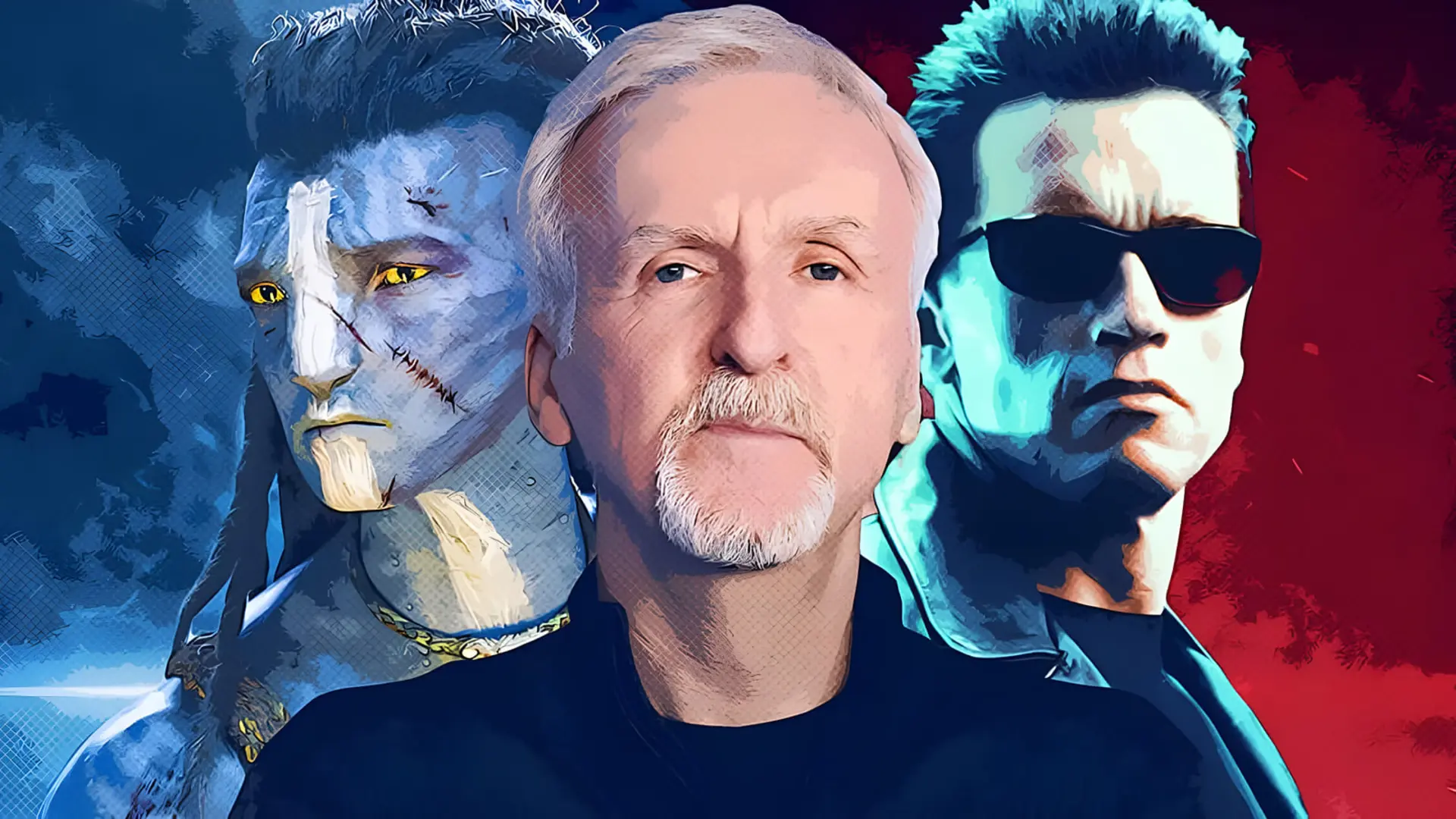 جیمز کامرون (James Cameron) در کنار شخصیت‌های فیلم‌های آواتار و ترمیناتور