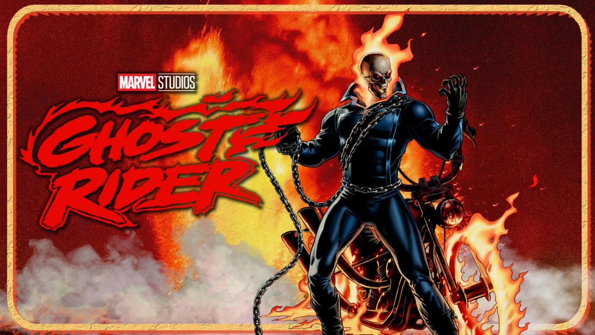 شخصیت گوست رایدر (Ghost Rider) با جمجمه آتشین و زنجیر در مقابل شعله‌ها