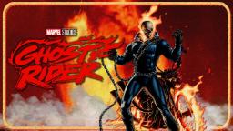 شخصیت گوست رایدر (Ghost Rider) با جمجمه آتشین و زنجیر در مقابل شعله‌ها
