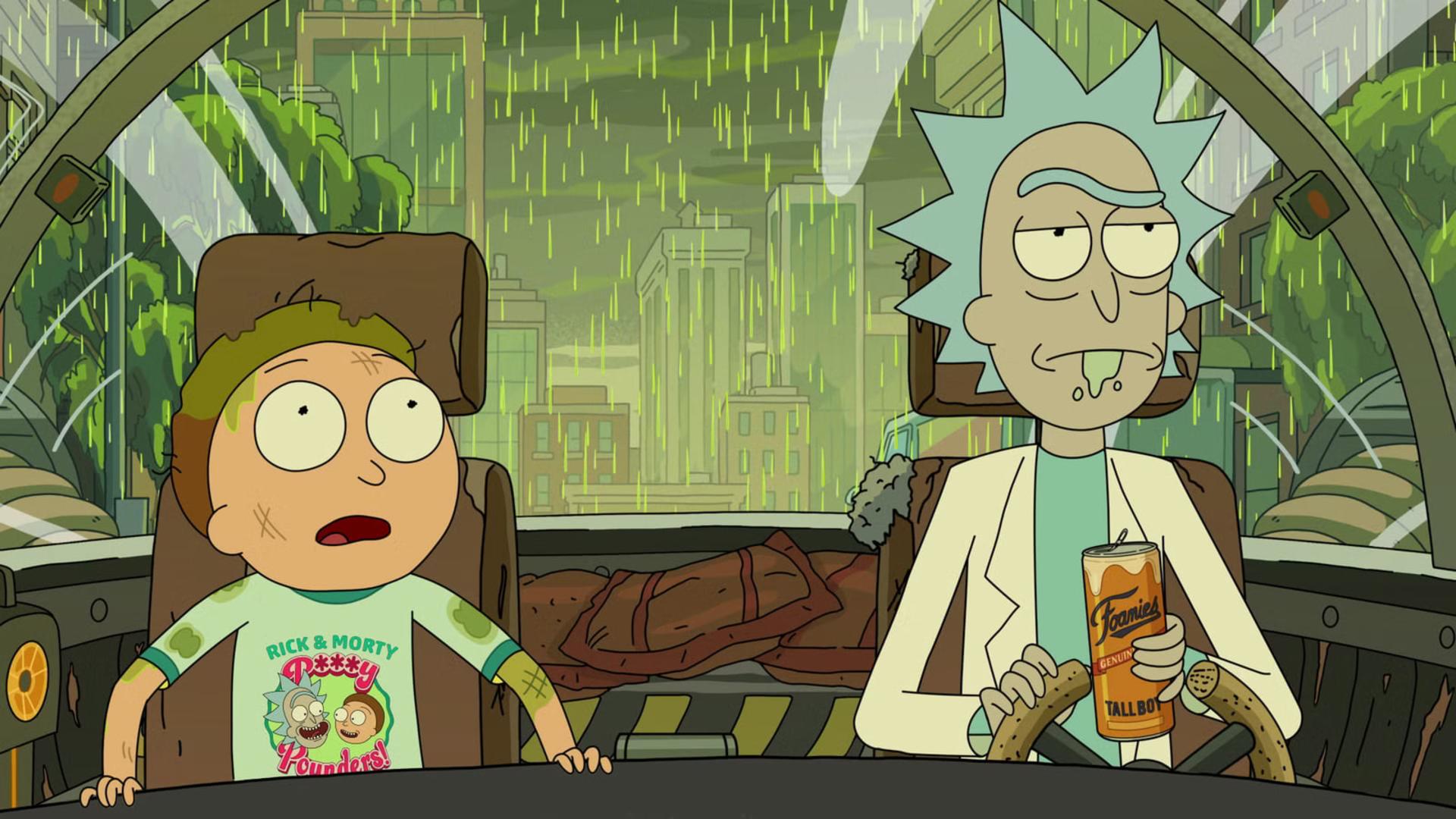 ریک سانچز (Rick Sanchez) و مورتی اسمیت (Morty Smith) درون یک خودرو در میان باران