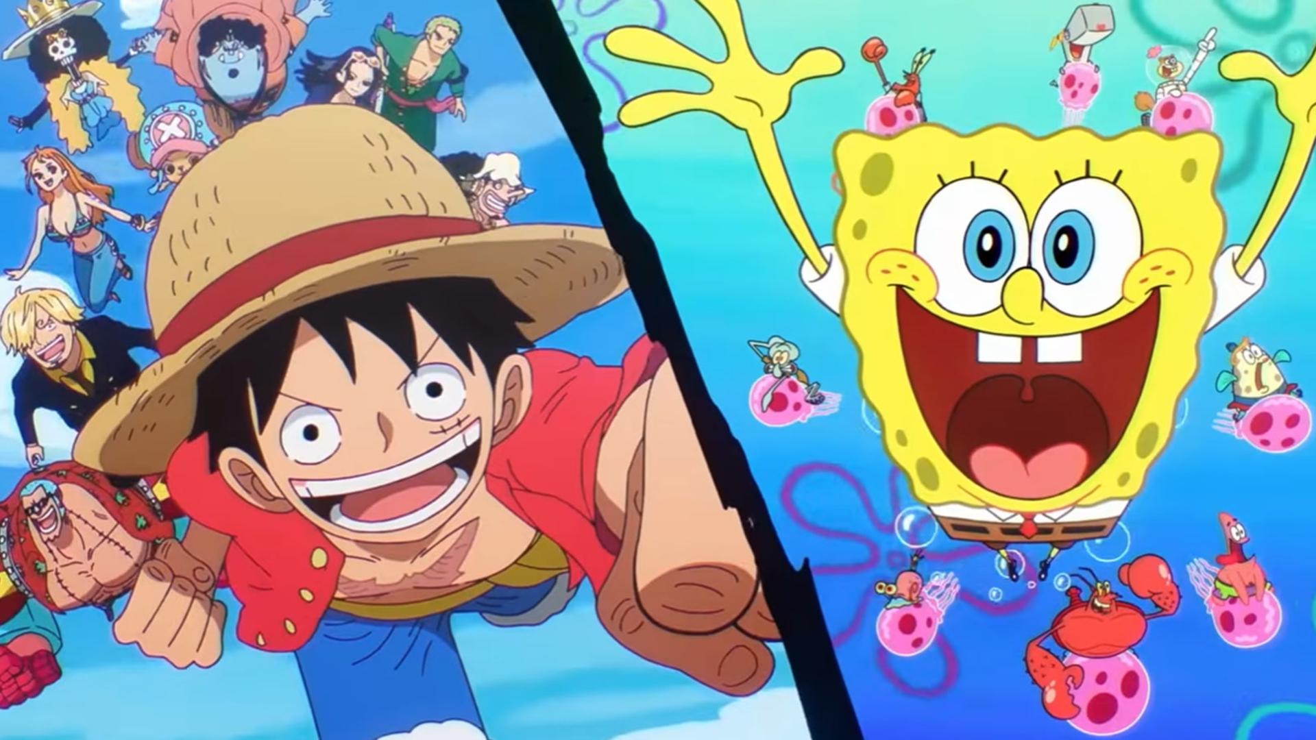 شخصیت‌های انیمه وان پیس (One Piece) و باب اسفنجی (SpongeBob SquarePants) در یک قاب مشترک