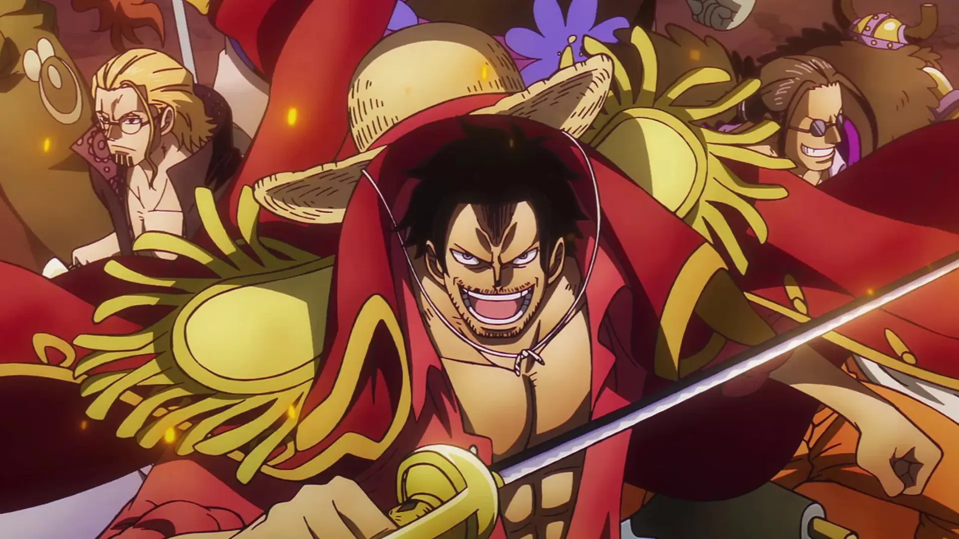 شخصیت‌های انیمه وان پیس (One Piece) با کلاه حصیری و شمشیر در میدان نبرد