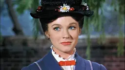 مری پاپینز (Mary Poppins) با کلاه سیاه گل‌دار و لباس آبی