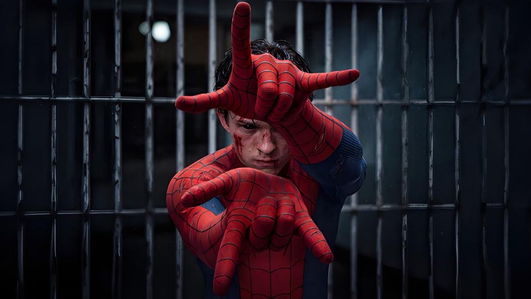 مرد عنکبوتی (Spider-Man) با صورت زخمی در مقابل حصار فلزی