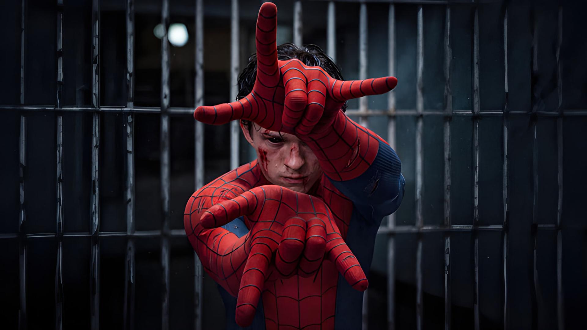 مرد عنکبوتی (Spider-Man) با صورت زخمی در مقابل حصار فلزی