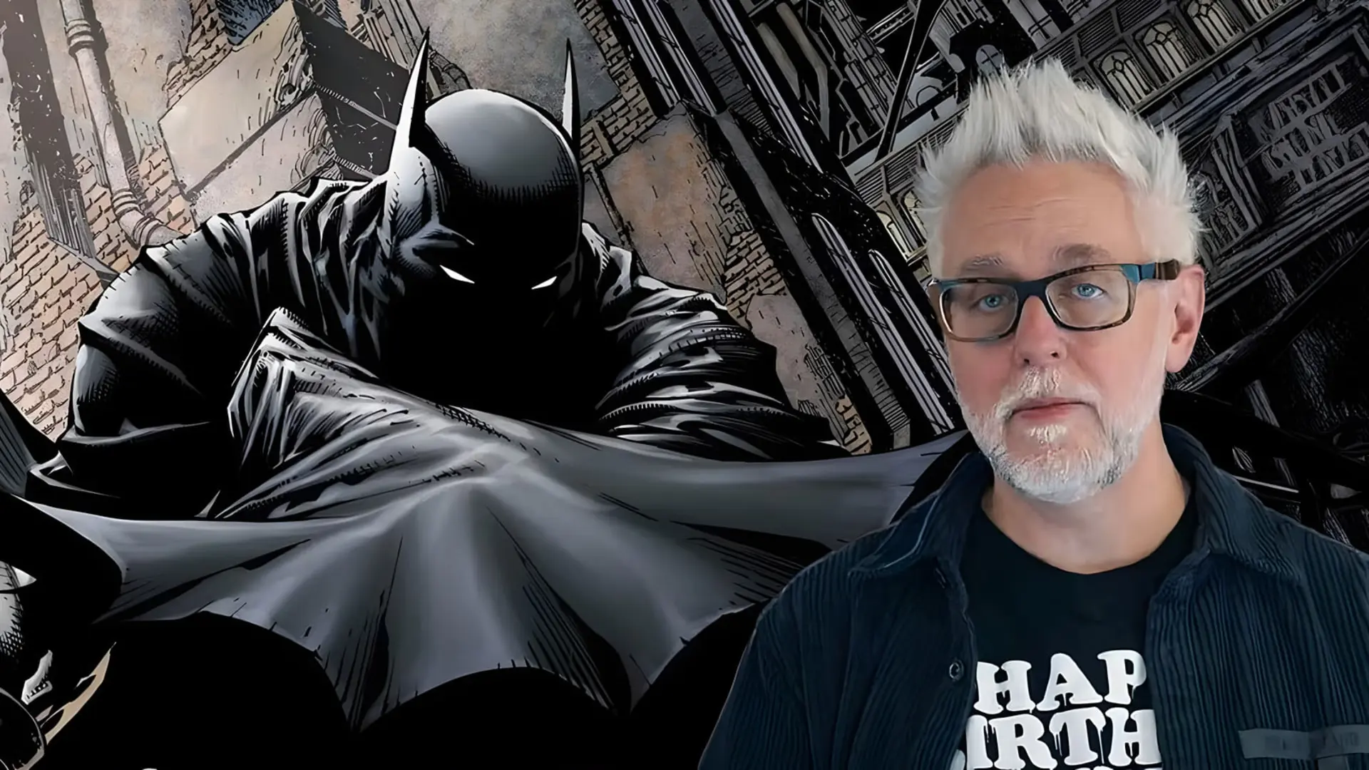 تصویر کمیک بتمن (Batman) در کنار چهره جیمز گان