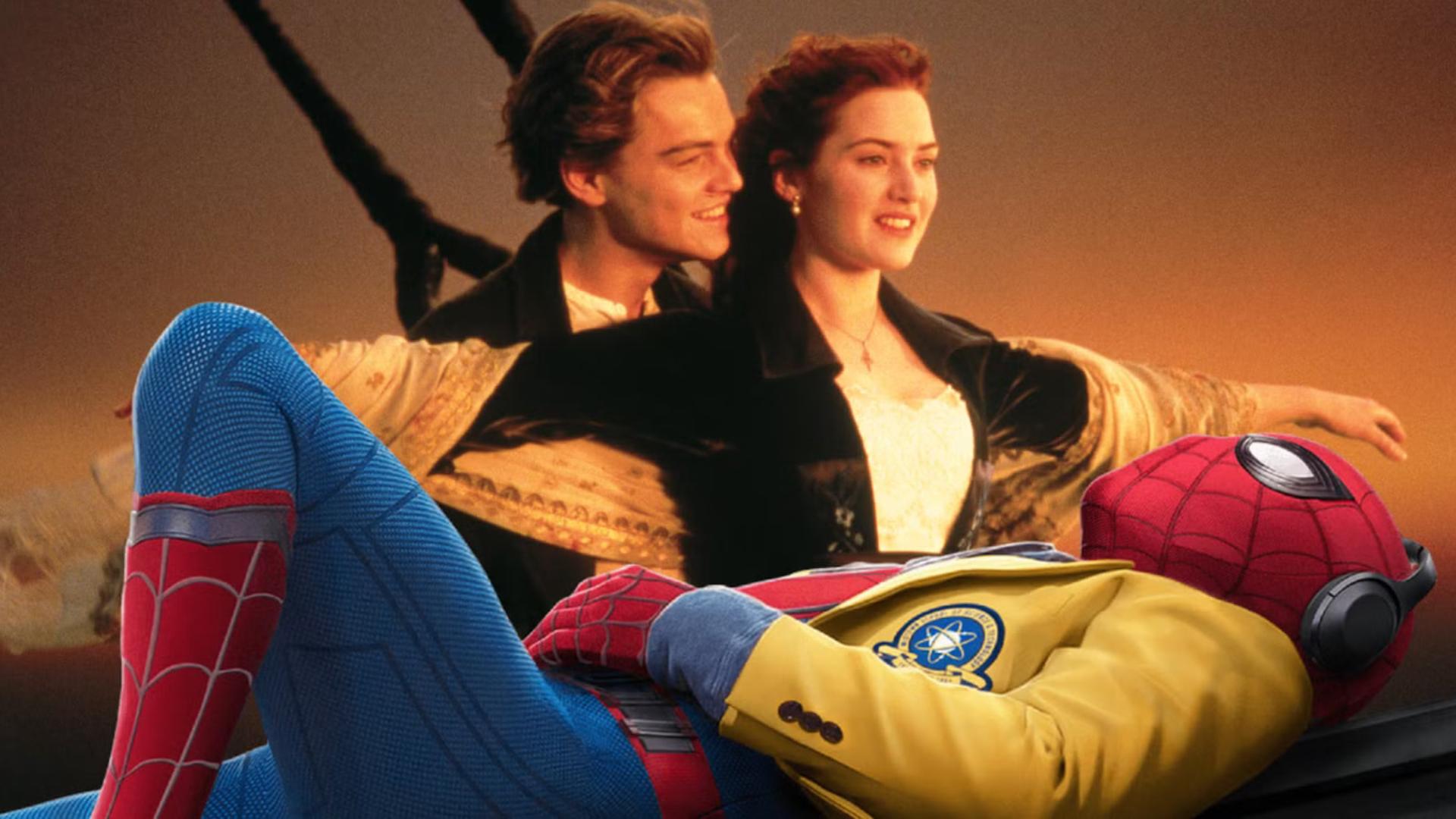 مرد عنکبوتی (Spider-Man) در کنار زوج فیلم تایتانیک (Titanic) روی عرشه کشتی