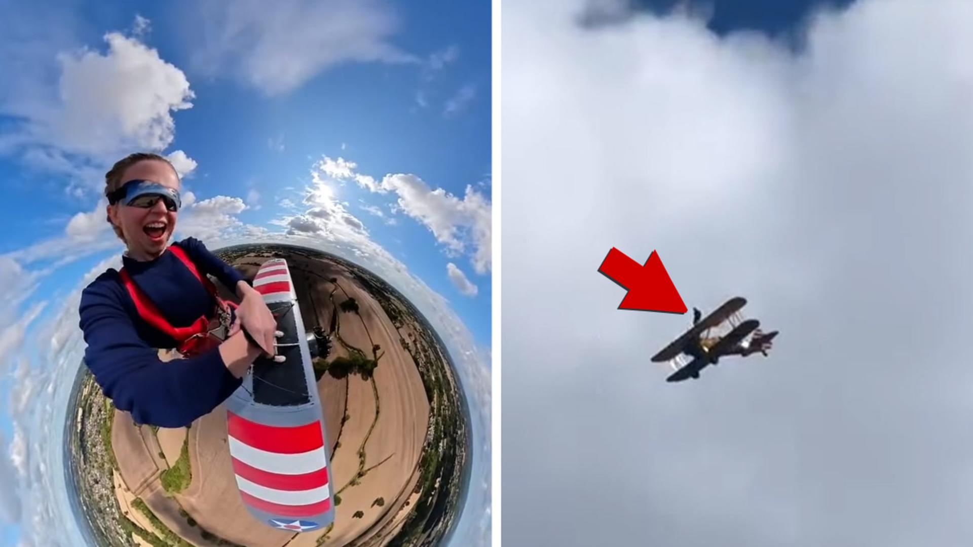 پرواز با هواپیمای دو باله (Biplane) در میان ابرها و آسمان آبی