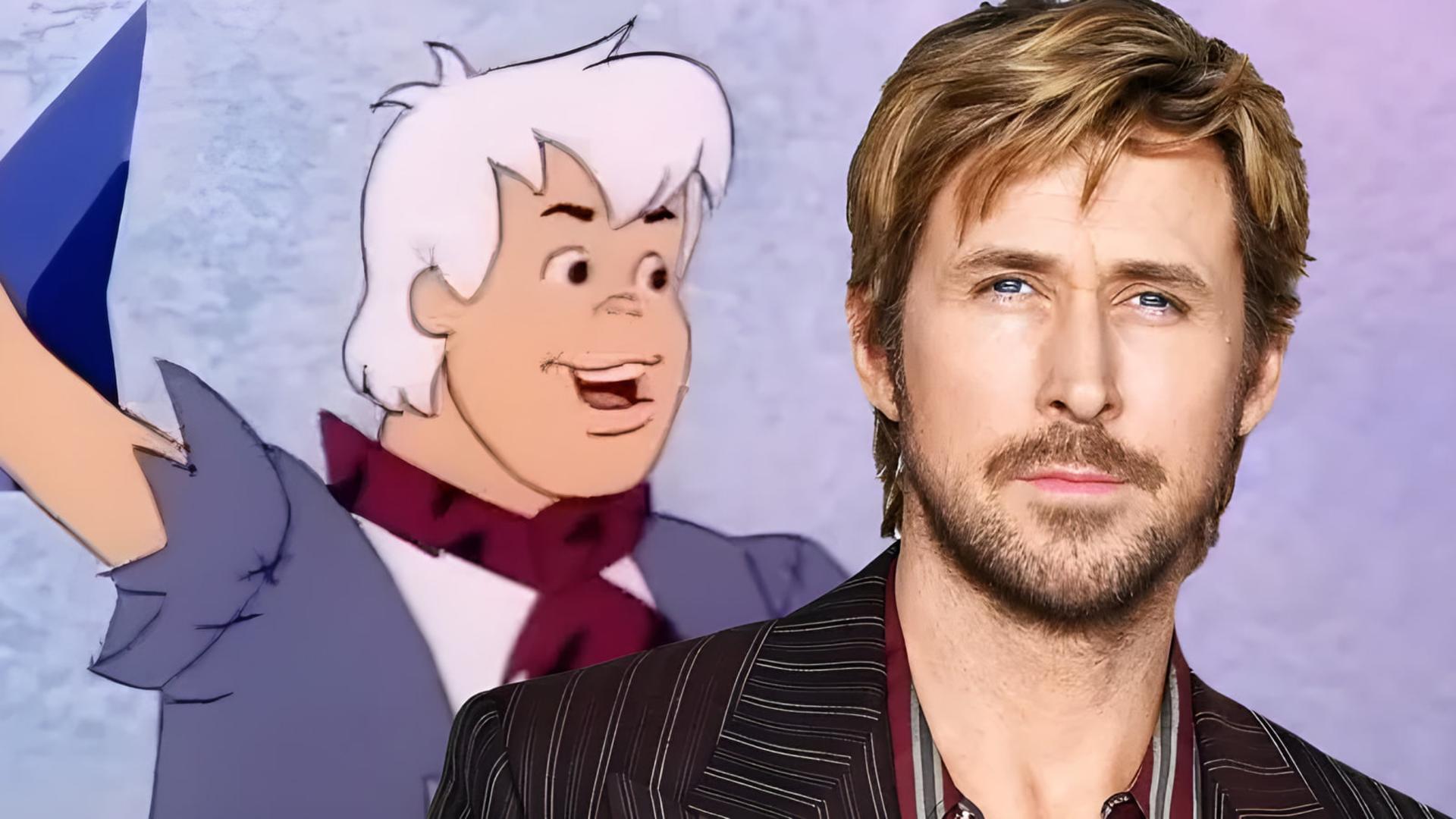 رایان گاسلینگ (Ryan Gosling) در کنار شخصیت کارتونی فیلم عصر حجر