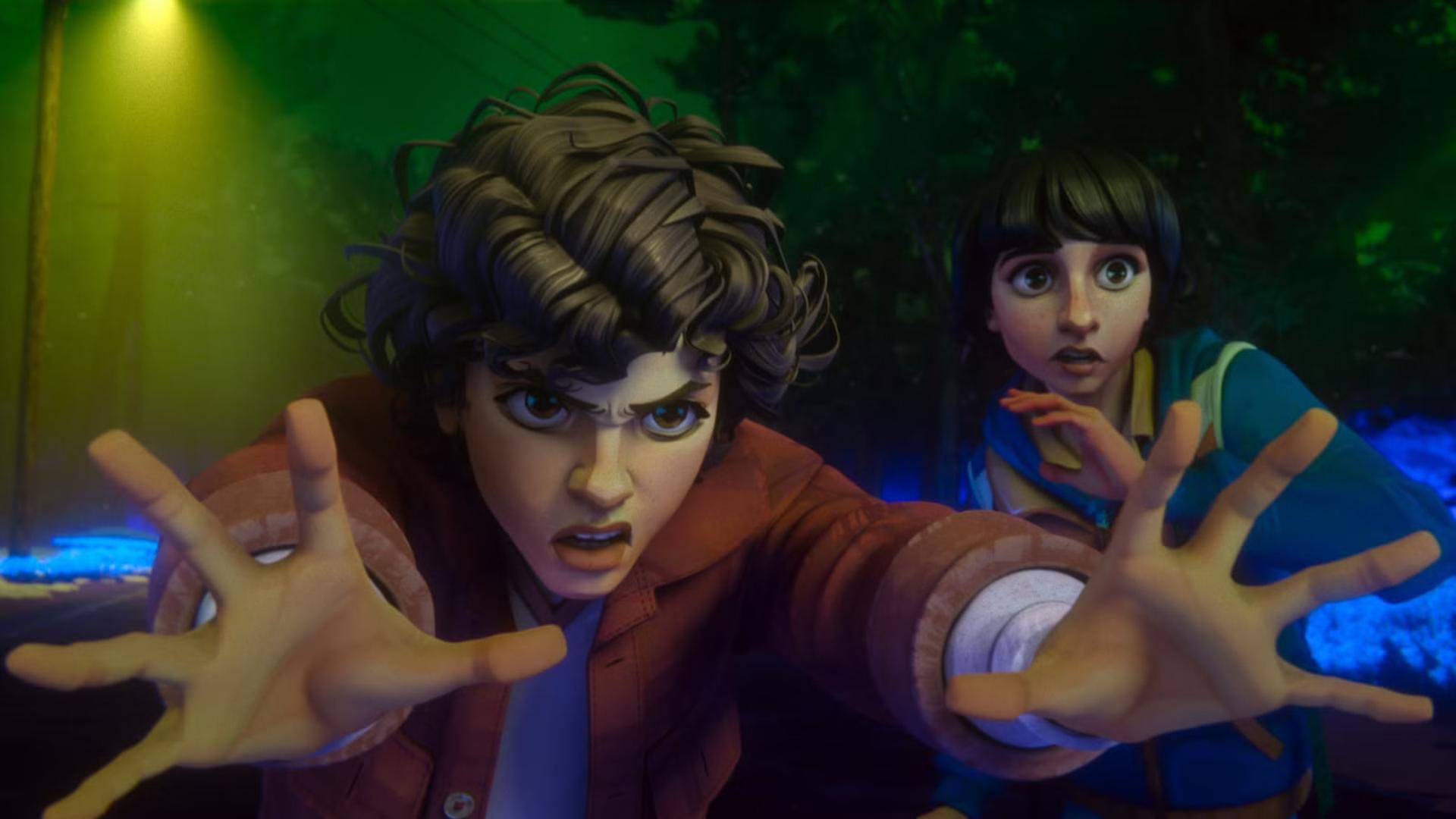 الون (Eleven) با دست‌های باز در حال استفاده از قدرت‌های خود در دنیای استرنجر تینگز (Stranger Things)