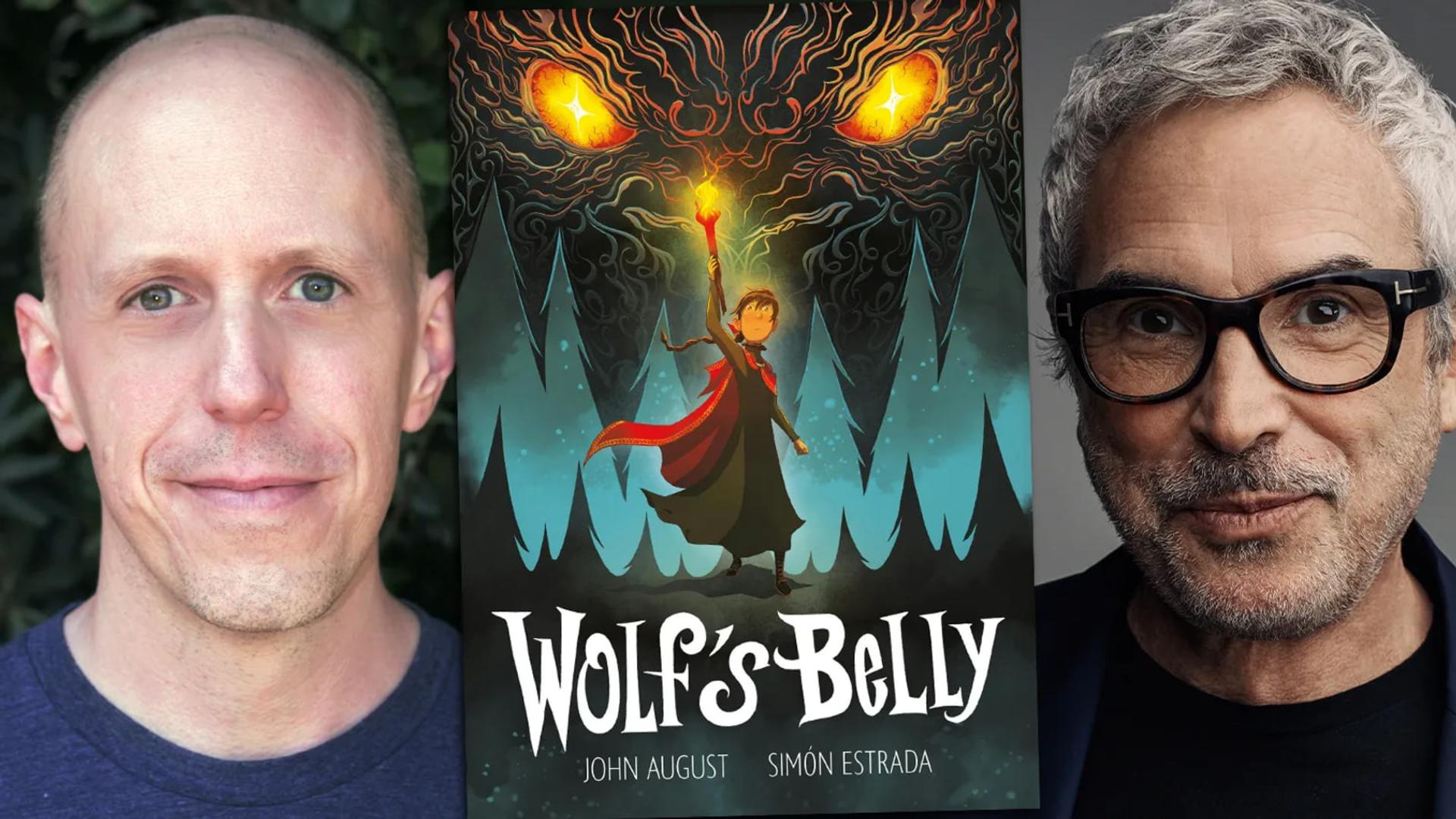 جان آگوست (John August) و آلفونسو کوارون (Alfonso Cuarón) در کنار پوستر انیمیشن Wolf's Belly