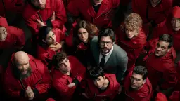 گروهی از بازیگران سریال خانه کاغذی (Money Heist) با لباس‌های قرمز