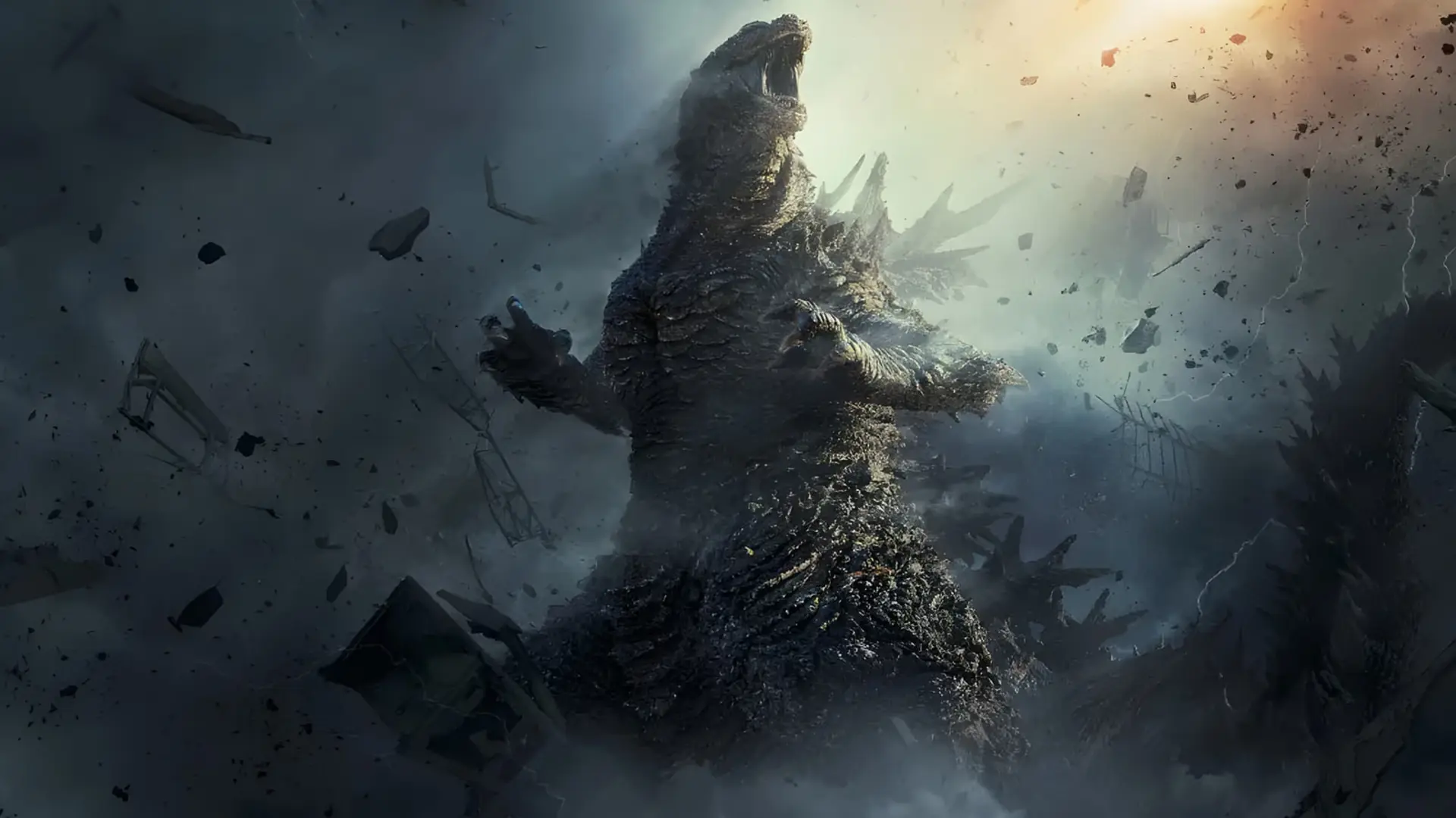 غول گودزیلا (Godzilla) در میان دود و خرابه های یک شهر ویران شده