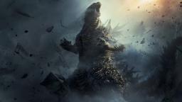 غول گودزیلا (Godzilla) در میان دود و خرابه های یک شهر ویران شده