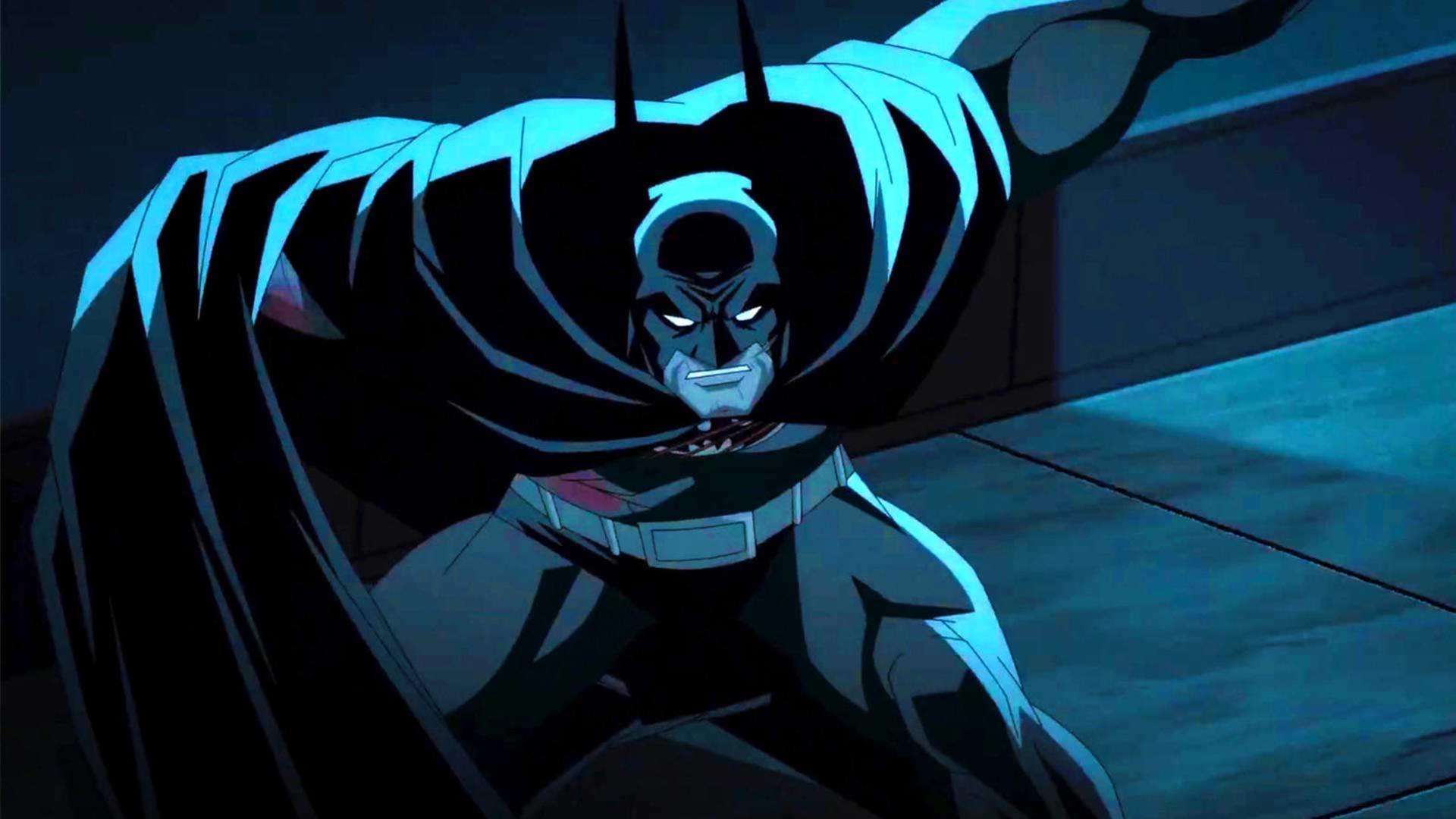 بتمن (Batman) با شنل سیاه در یک صحنه انیمیشنی